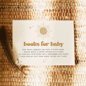 Kaartsjabloon BODHI-boeken voor baby, Boho Sun babyshower uitnodiging invoegen, Boho Here Comes the Son babyshower, breng een boekkaart mee