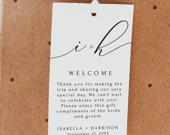 Willkommen Tag Vorlage, Hochzeit Willkommen Tasche Tag druckbar, Hochzeit Gunst Tag bearbeitbar, Minimalist Hochzeit Tags, Elegant Script Tag, ASHER