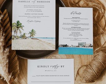 CANCUN Beach Watercolor Destination Wedding Invitation 3 Piece Suite Templates