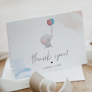 Tarjeta de agradecimiento, tarjeta de agradecimiento por revelación de género, tarjeta de agradecimiento imprimible, tarjeta de agradecimiento con forma de elefante, tarjeta de agradecimiento con forma de globo, tarjeta de agradecimiento para baby shower DIY - SKYLAR