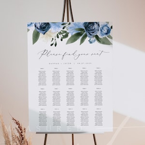 Seating Chart Template, Printable Wedding Seating Chart, Dusty Blue Wedding Seating Chart, Slate Blue Floral Seating, Navy Sky Blue - MILENA