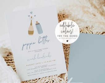 ANDI Baby Shower Invitation Template, Poppin Bottles Baby Shower Invite Instant Download, Boy Baby Shower Evite Dusty Baby Blue Champagne