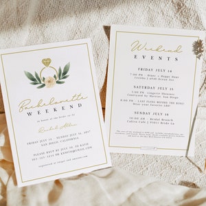 White Floral and Gold Bachelorette Party Invitation, Bachelorette Invitation with Itinerary, Bachelorette Weekend Invite INSTANT, #0034A
