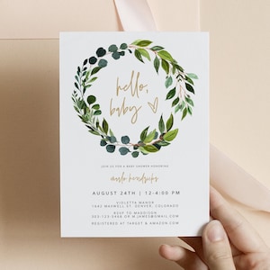 Liv - Greenery Wreath Baby Shower Invitation Template, Greenery Baby Shower Invite, Greenery and Gold Baby Shower Invite Gender Neutral Baby