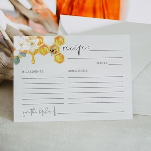 Romy receptkaartsjabloon, afdrukbare receptkaarten, vrijgezellenfeest receptenkaart, bijenreceptkaarten, receptkaart 4 x 6" rustieke landelijke honingbij