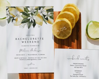 DAHLIA Lemon Bachelorette Invitation & Itinerary Template, Citrus Bachelorette Invite, Summer Fruit Bachelorette, Lemonade Invitation DIY