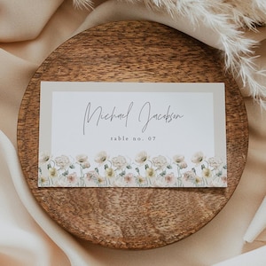 Plantilla para tarjeta de lugar, tarjeta imprimible para lugar de boda con flores silvestres, tarjeta con nombre de mesa editable con flores de primavera en tonos pastel, descarga instantánea DIY -POPPY