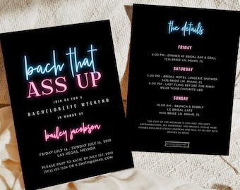 LOLA Bachelorette Invite, Bachelorette Evite, Bach That Ass Up, Neon Bachelorette, Bachelorette Weekend, Printable Itinerary, Instant DIY