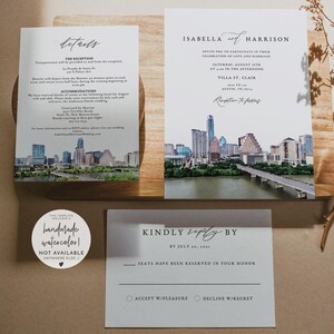 AUSTIN Texas bruiloft uitnodiging sjabloon suite, aquarel Austin Skyline bruiloft uitnodiging set afdrukbare, instant download bestemming bruiloft