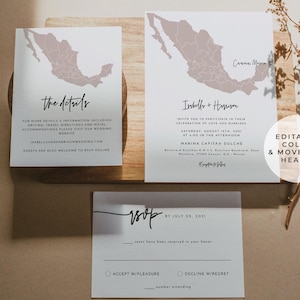 Suite de modèles de faire-part de mariage au Mexique, ensemble d'invitations de mariage de carte du Mexique MODIFIABLE, Cancun Destination mariage voyage sur le thème Tropical QUINN