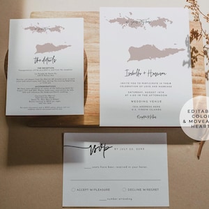 Suíte de modelos de convites para casamento nas Ilhas Virgens Americanas, conjunto de convites para casamento com mapa editável das Ilhas Virgens Americanas, viagem para casamento em destinos - QUINN