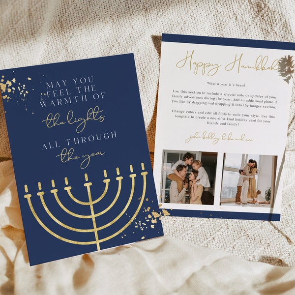 Navy Blue and Gold Watercolor Menorah Hanukkah Card Template Printable