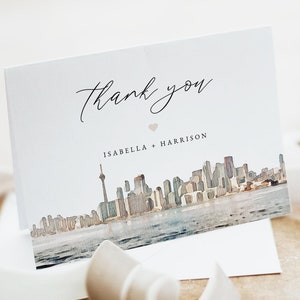 Plantilla de tarjeta de agradecimiento de TORONTO, tarjeta de agradecimiento imprimible con silueta del horizonte de acuarela, agradecimiento para bodas de destino, agradecimiento para despedidas de soltera DIY