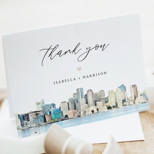 Modèle de carte de remerciement BOSTON, cartes de remerciement aquarelle Skyline, imprimable Merci, Skyline de la ville pour shower de bébé Merci, Massachusetts