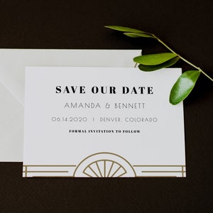 May include: Save the date card with a gold geometric design. The card reads "Save Our Date, Amanda & Bennett, 06.14.2020 | Denver, Colorado, Formal Invitation to Follow."
