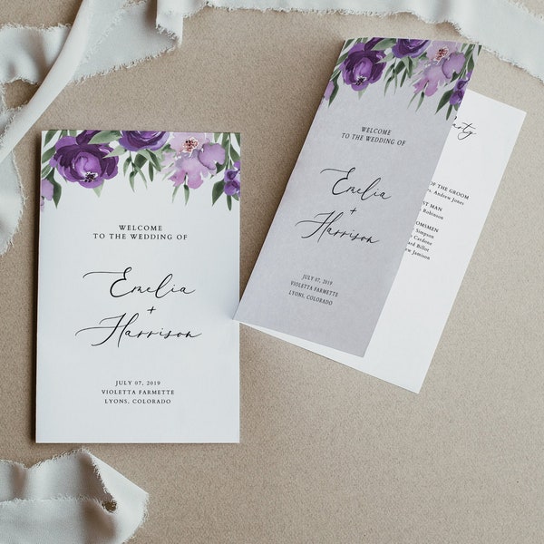 LILAH Purple Floral Wedding Program Template, Folded Wedding Program, Lilac Bifold Wedding Program, Printable Wedding Program, Templett