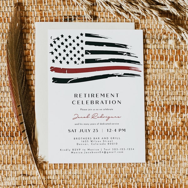 Fire Department Retirement Invitation Template, Fireman Invitation Printable Instant, Thin Red Line Flag Retirement Party Invitation Instant
