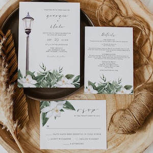 Magnolia Wedding Invitation Template Suite, New Orleans Wedding Invitation Set, Bourbon Street Wedding Invite Lamp Post Mardi Gras DIY NOLA
