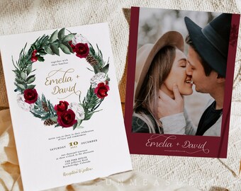 HOLLY Christmas Wedding Invitation Template, Holiday Wedding Invitation Printable, Burgundy Wedding Invitation, Floral Pine Wreath Evite
