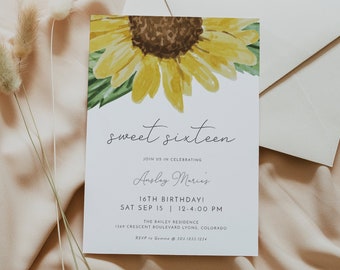 EMMA Sunflower Sweet Sixteen Birthday Invitation, Sweet 16 Birthday Invite, 16th Birthday Invitation, Fall Birthday, Sunflower Evite DIY