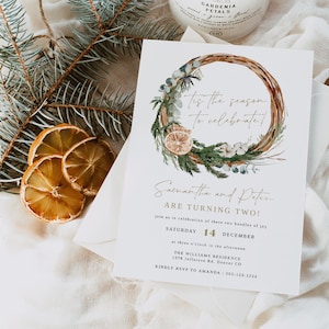 INGE Twin Birthday Invitation Template, Christmas Birthday Invitation, Scandinavian Watercolor Christmas, Printable Birthday Invite Evite
