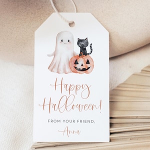 Happy Halloween Gift Tag, Trick or Treat Favor Bag Tag, Fall Gift Tags, Halloween Treat Tags, Cute Ghost Cat Pumpkin, Printable Tags - JOLIE