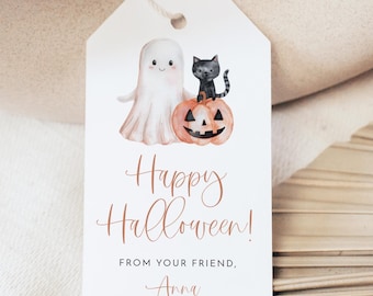 Etiquette cadeau Happy Halloween, étiquette de sac, étiquette cadeaux automne, étiquettes gourmandes Halloween, mignon chat fantôme citrouille, étiquettes imprimables - JOLIE