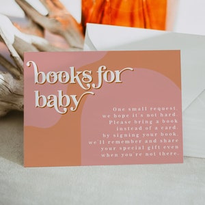 Retro Bücher für Baby Kartenvorlage, 70er Jahre Bücher für Baby Einleger druckbare, 70er Jahre Babyparty Einschließungskarte, Bring ein Buch Boho TRIXIE