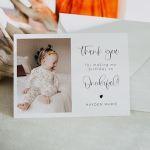 1st Birthday Thank You Card Template, Photo Thank You Card Printable, First Birthday Thank You Card Editable, Onderful Birthday Card JOLIE