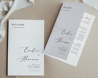 EVELYN Minimalist Wedding Program Template, Elegant Foldable Wedding Program, Modern Script Wedding Program, Bifold Wedding Program,