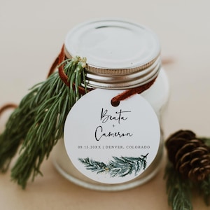 Rustic Winter Pine Round Favor Tag or Sticker Template Holiday Wedding Gift Tag Printable - BEATA
