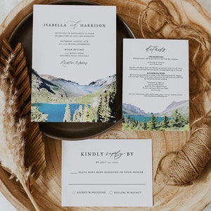 GLACIER NATIONAL PARK Wedding Invitation Template Suite, Montana Wedding Invite, Mountain Wedding Invitation, Forest Skyline Destination Diy