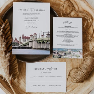 Suite di modelli di inviti per matrimonio di S. AGOSTINO, invito per matrimonio in Florida, invito per matrimonio in viaggio, set di destinazione fai da te con skyline di S. AGOSTINO