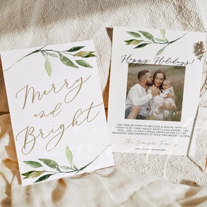 ISABELLA Watercolor Greenery Merry and Bright Photo Christmas Card Template Printable