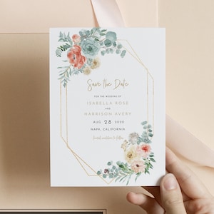 Vera - Modelo de Save the Date Suculento, Save the Date Pastel, Save the Date Coral, Casamento Coral e Menta, Save the Dates DIY para Imprimir