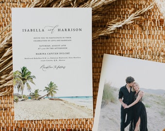 CANCUN Wedding Invitation Template, Watercolor Cancun Skyline Destination Wedding Invite Printable, Palm Tree Beach Tropical Ocean Photo DIY