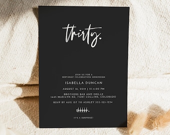 PRIYA Birthday Invitation, Birthday Invite, Black Modern Birthday Invitation Instant Download Template, 30th Birthday, Thirtieth Birthday