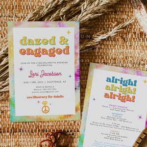 LORI Tie Dye Bachelorette Invitation Template, Dazed and Engaged Bachelorette Invite, Reto Bachelorette Invite & Itinerary Groovy 70's THeme