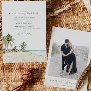CANCUN Wedding Invitation Template, Watercolor Cancun Skyline Destination Wedding Invite Printable, Palm Tree Beach Tropical Ocean Photo DIY