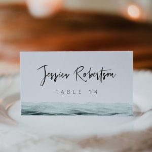 Plantilla para tarjeta de lugar con acuarela de océano, tarjeta temática para boda, tarjeta imprimible con nombre para mesa de boda en la playa, México, Hawái, Punta Cana - SOPHIA