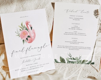 KAYA Final Flamingle Bachelorette Einladung und Reiseplan Vorlage, Aquarell Flamingo Bachelorette Invite Printable, Let's Get Flocked Up