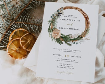 INGE Scandinavian Christmas Wedding Invitation Template, Winter Wedding Invitation, Citrus Garland Wreath Wedding Holiday Invite Evite DIY