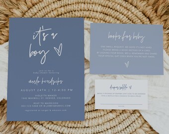 Es ist eine Babyparty-Einladungs-Vorlagen-Reihe Minimalist Baby-Dusche-Einladungs-Junge-Baby-Dusche-Bundle Dusty Blau Baby einladen