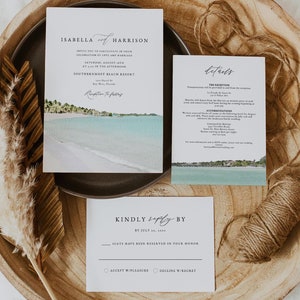 Suite di modelli di inviti per matrimonio KEY WEST, invito per matrimonio con destinazione costiera e spiaggia in acquerello, stampabile, fai da te per palme tropicali e oceano della Florida