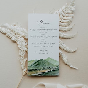 Plantilla de menú de boda en la montaña KENAI, descarga de plantilla de menú de boda en la montaña verde, plantilla de menú boho, tarjeta de menú boho imprimible para hacer tú mismo