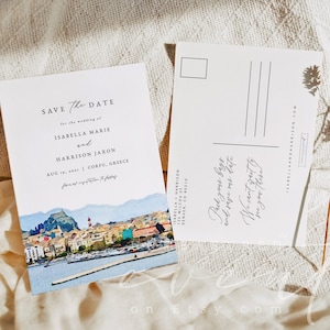 CORFU Save the Date Template, Corfu Pier Skyline Wedding Save the Date, Acquerello Grecia Save the Date, Greco Save the Date Evite Kerkyra