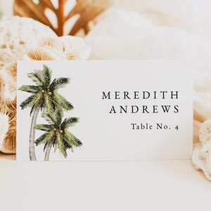 Plantilla de tarjeta de lugar tropical, tarjetas de lugar de boda con palmeras imprimibles, tarjetas de lugar de playa minimalistas, tarjetas con nombres de invitados, descarga instantánea MONA