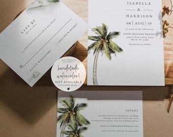 Palm Tree Wedding Invitation Template Suite, Minimal Tropical Wedding Invitation Printable Set, Beach Wedding Invitation, Palm Tree - MONA