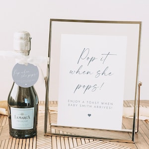 Dusty Blue Baby Shower Champagne Tag, Pop When She Pops Tag, Boy Baby Shower Tags, Round or Square Gift Tag Template Instant Sign - KENNEDY