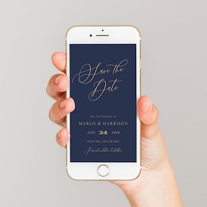 ARIANA Navy Text Message Save the Date Template, Blue Save the Date, Navy and Gold Building Save the Date Evite, Electronic Save the Date